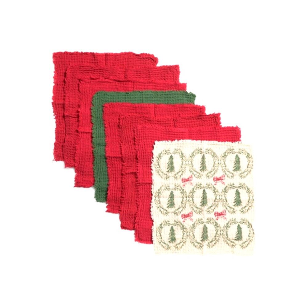 Nicole Miller Christmas Dish Cloths 8pk 12x12 Holiday Red Green Cream Cotton NEW